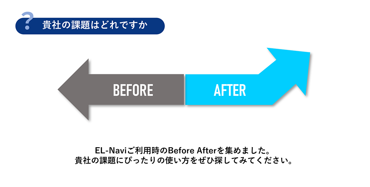 EL-Naviのご利用事例集「Before＆After」です。貴社の課題にぴったりの使い方をぜひ探してみてください。